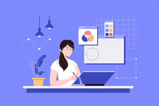 Design studio web concept with people scene in flat blue design. Woman illustrator draws on graphics tablet, creates pictures, works with color palettes and develops art products.