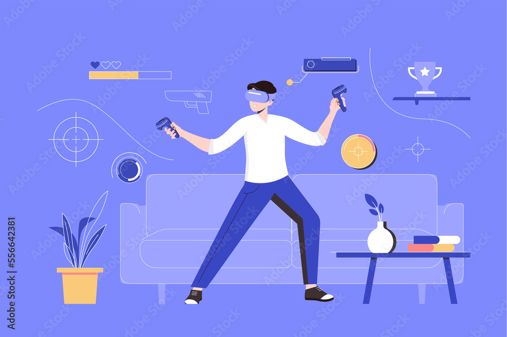 Aufkleber virtual reality web concept with people scene in flat blue design. man in vr glasses using controlle