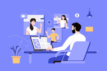 Fototapeta na wymiar Video conference web concept with people scene in flat blue design. Man sits at laptop and chats online with group of friends or colleagues on screens and virtual communicates.