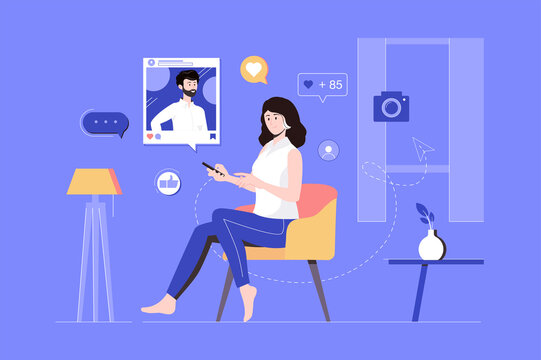 Social media web concept with people scene in flat blue design. Woman use smartphone and surfing news feeds and likes photo in blogger profile, subscribe influencer at mobile app.