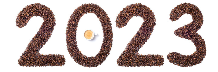 New Year 2023 made of coffee beans on white background. 2023 coffee background. Coffee drink, coffee shop, cafe, advertising concept. Long format for banner