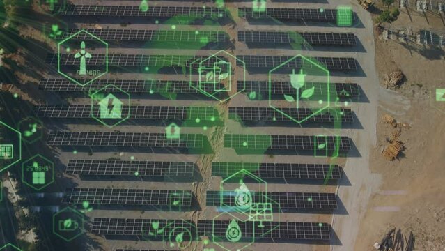 Solar power plant and technology concept. Renewable energy. Smart grid. High quality 4k footage