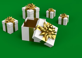 Gift boxes with ribbon and bow for Merry Christmas flying and falling on green