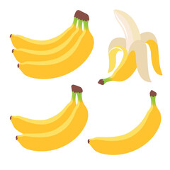 Ripe banana fruit icon pack. Colored banana fruit vector. Banana icon. Peeled ripe banana. Vector illustration