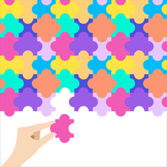 Autism awareness poster with jigsaw puzzle pattern in background. Hand holding a piece. Cooperation, collaboration, working together. Solidarity and support, medical concept.