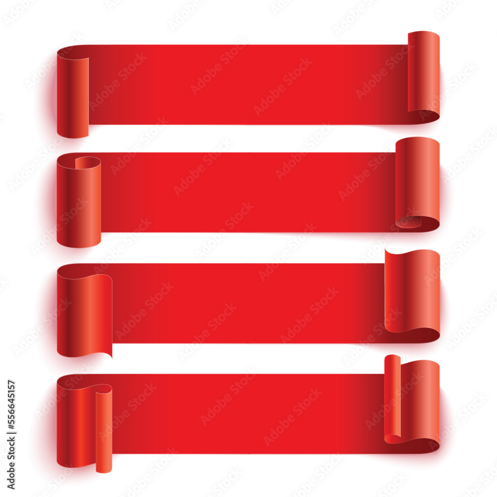 Poster Isolated curled red paper stripe banners with realistic shadows on white background