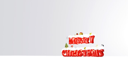 Merry christmas decorated with 3d render red balloon letters on white background.