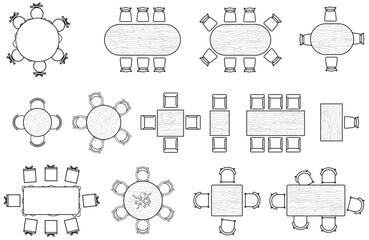 Tables with chairs set of furniture for dining room, office, house, apartment, living room. Interior icons for floor plans. Furniture symbol for interior design in top view. Vector  - 556645320