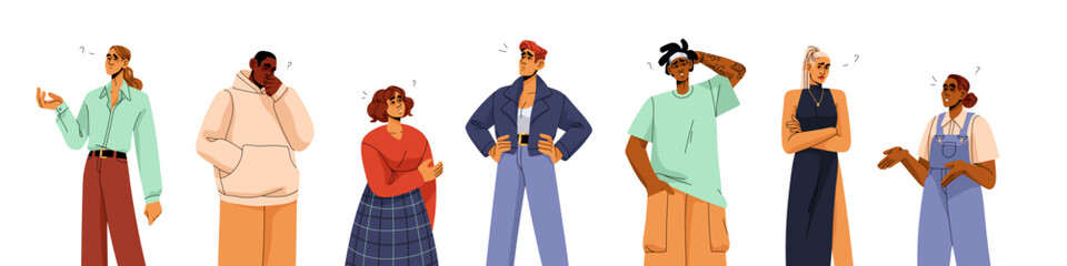 People with question marks, thinking, doubting and asking. Curious troubled thoughtful confused characters solve problem. Puzzled men, women set. Flat vector illustrations isolated on white background