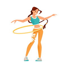 Woman Character with Hula Hoop Doing Sport Exercise Vector Illustration