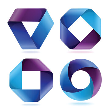 Infographic blue and purple curled paper triangle, rectangle and circle shapes on white background