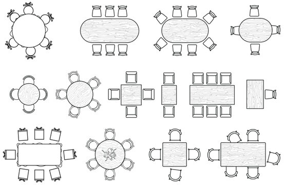Tables with chairs set of furniture for dining room, office, house, apartment, living room. Interior icons for floor plans. Furniture symbol for interior design in top view. Vector 