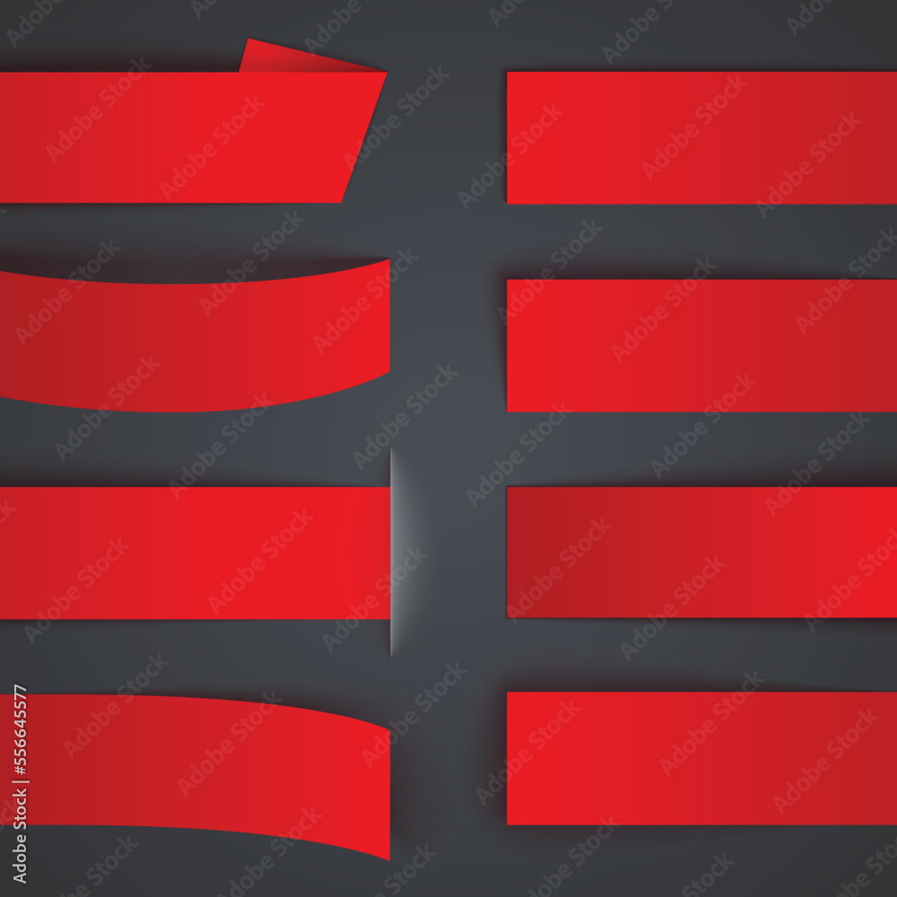 Poster set of red paper ribbon banners with realistic shadows on dark grey background