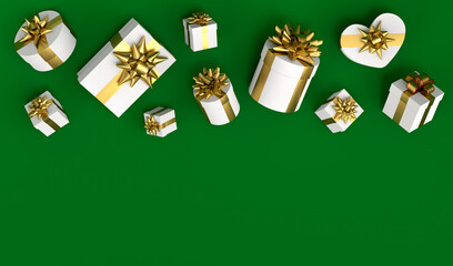 Gift boxes with ribbon and bow for Merry Christmas flying and falling on green