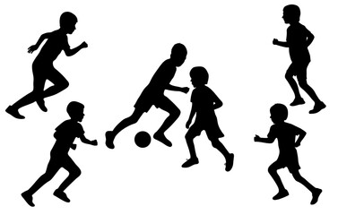 Football children game, silhouette of player boys kicking ball. Vector illustration