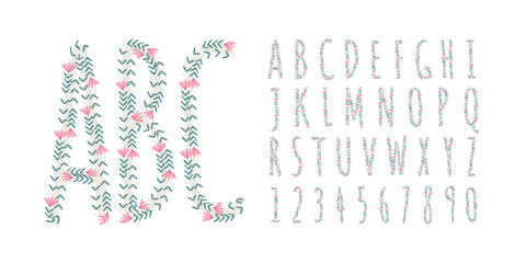 Collection flower letters A B C vector alphabet. ABC concept type as logo. Eco concept set of monogram letters and numbers with plants. Vector hand botanical drawn illustration