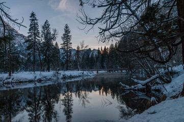 Exterior of a snow covered landscape surrounding the merced river in Yosemite valley, Yosemite...