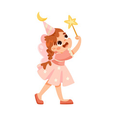 Cute Girl in Pink Dress Playing Fairy with Magic Wand Vector Illustration