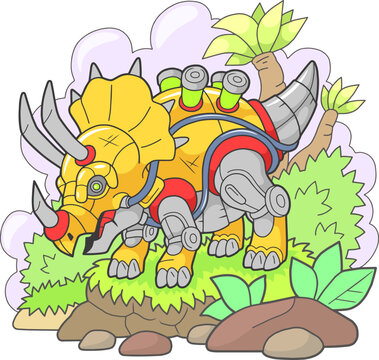 cartoon robot dinosaur triceratops, funny illustration