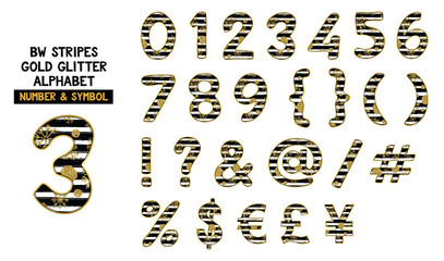 Black and white stripes with gold glitter alphabet set, includes font or letters in both uppercase and lowercase, numbers, punctuation marks and currency symbols. 