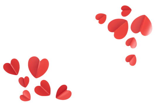 Valentine's day background with red and pink hearts like balloons on white background, flat lay, clipping path. PNG