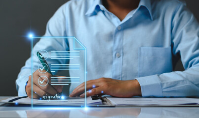 Electronic signature business concept. Manager is electronic signing investment approval, business...