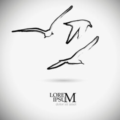 Flying seagulls logo with a brush line. Vector illustration
