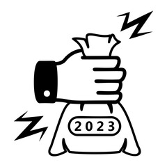 Money bag printed 2023 concept, Twenty Twenty three vector icon design, Happy New Year 2023 Symbol, HNY Wishes Sign, New Years Eve celebration Element stock illustration