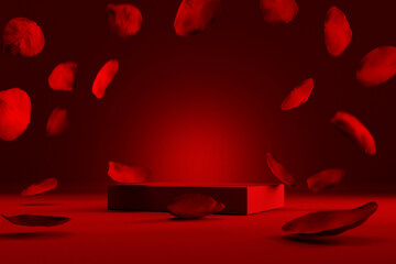 Red product podium placement on solid background with rose petals falling. Luxury premium beauty,...