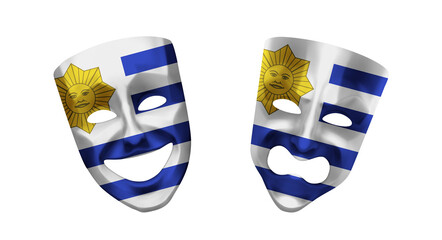 Theater 3d masks in colors of national flag on white background. Uruguay