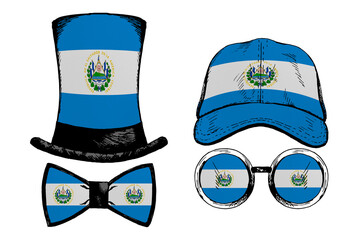 Head accessories. Patriotic clip art set in colors of national flag on white background. El Salvador