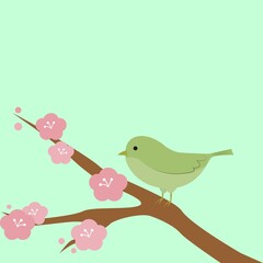 A beautiful bird on a tree branch, with beautiful flowers