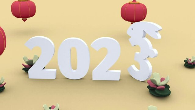 Chinese Lunar New Year animation from 2022 to 2023, with a silhouette of a rabbit overlaid on number 3, celebrating the year of water rabbit according to Chinese zodiac. Good for animated GIF.