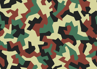 Urban camouflage. Abstract seamless pattern, green and brown coloring. Geometric mosaic shape, disguise contours in urban environments. Stylish pattern for sports and tourist clothes. Vector 