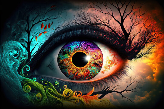 Colorful fantasy eye created with Generative AI technology