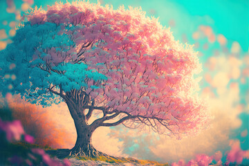 Blooming, wild cherry tree Illustration, pastel creative landscape of nature waking up with the arrival of Spring. Pastel pink trees under a clear blue sky, plants bloom. Generative AI.