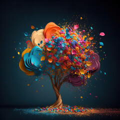 Blooming, wild flower tree Illustration, pastel creative landscape of nature waking up with the arrival of Spring. An explosion of colorful tree on dark background, plants bloom. Generative AI.