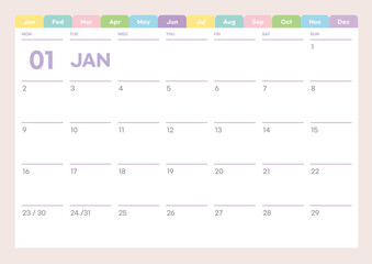 January 2023 simple design digital and printable calendar template illustration. Notes, scheduler, diary, calendar, memo, planner document template background. 