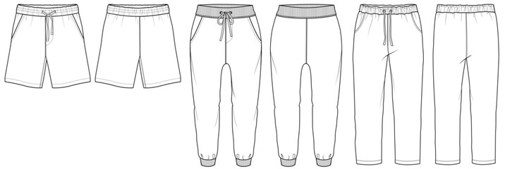 mens drawstring waist short pant and jogger bottom flat technical cad drawing template
