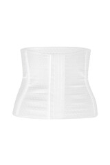 Close-up shot of a white women's waist shaping corset with three rows of hooks. The waist trainer corset is isolated on a white background. Front view.