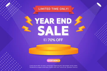Year End Sale. Special offer Mega sale up to 70% off with realistic podium. Banner background vector illustration
