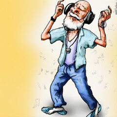 An old man dancing with closed eyes, AI generated illustration painting