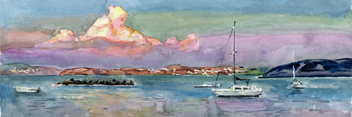 Watercolor painting of the seaview. Ischia, Italy. Wide web banner. - obrazy, fototapety, plakaty