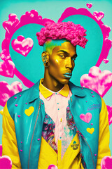 Fototapeta premium Love fusion of contemporary art and old-fashioned style. Pop art background, colorful, bright colors, collage heart man portrait and different elements and symbols. Illustration. Generative AI.
