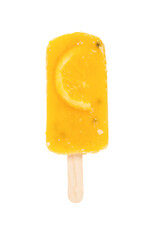 fresh passion fruit flavor popsicle with slice of orange on white vertical composition