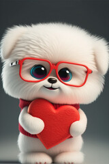 Obraz premium A cute little white puppy carrying a big red heart as a symbol of love. Creative, animal concept. Valentine's Day spent with a pet, a small dog in woolen clothes. Illustration. Generative AI.