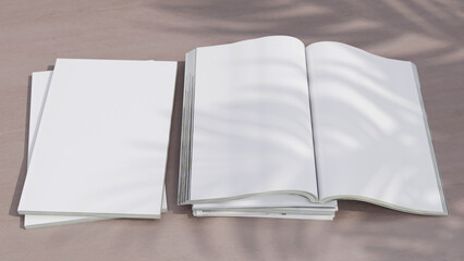 3D rendering of magazines  on coral stone background with palm tree shadows. Mockup. 3D illustration