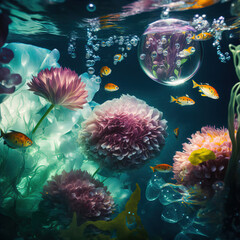 Fototapeta na wymiar Underwater creative love concept of fresh Spring flowers in water background. Love is in the water, happy Valentine's Day. Illustration. Generative AI.