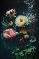 Naklejka na ściany i meble Underwater creative love concept of fresh Spring flowers in water background. Love is in the water, happy Valentine's Day. Illustration. Generative AI.