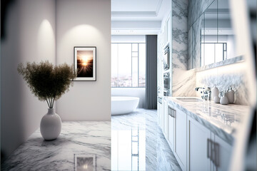 3d close-up rendering, design of a modern, luxury white apartment made of expensive marble. Minimal interior style and design. Illustration. Generative AI.